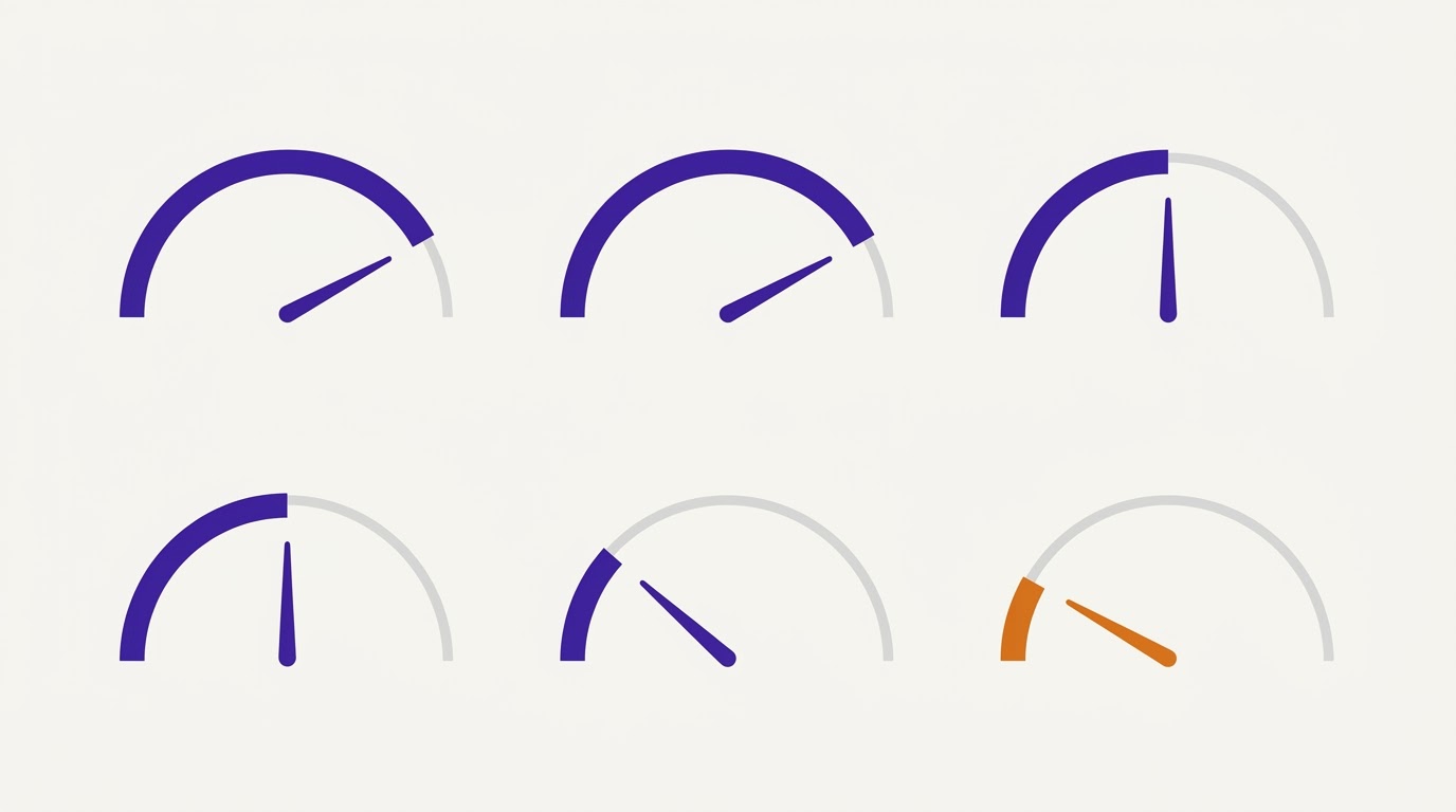 Six readiness gauges at different levels, with one low score highlighted.