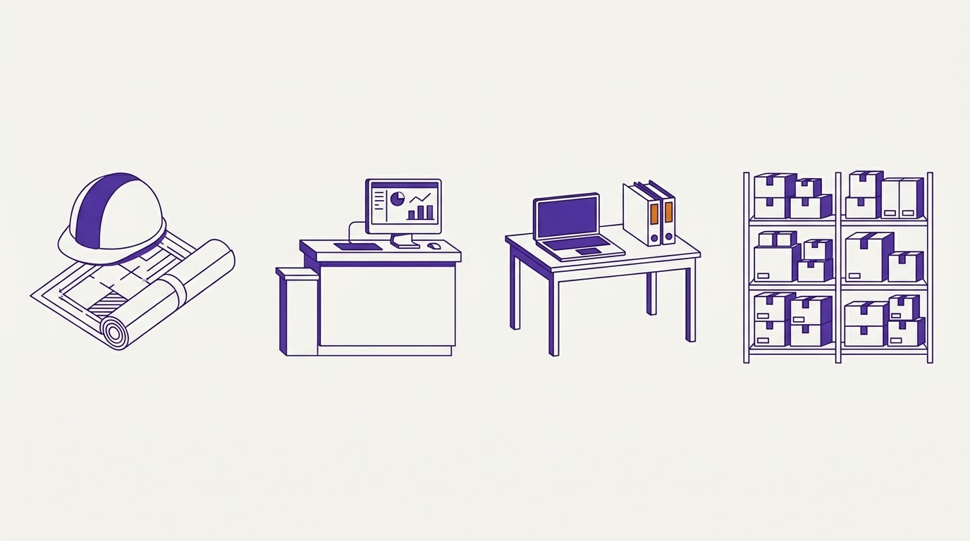 A jobsite, office desk, professional workspace, and warehouse.