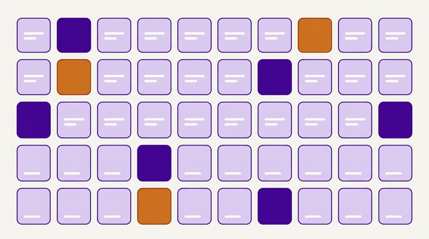 A catalogue grid of forty-two small rounded tiles representing priced AI builds.